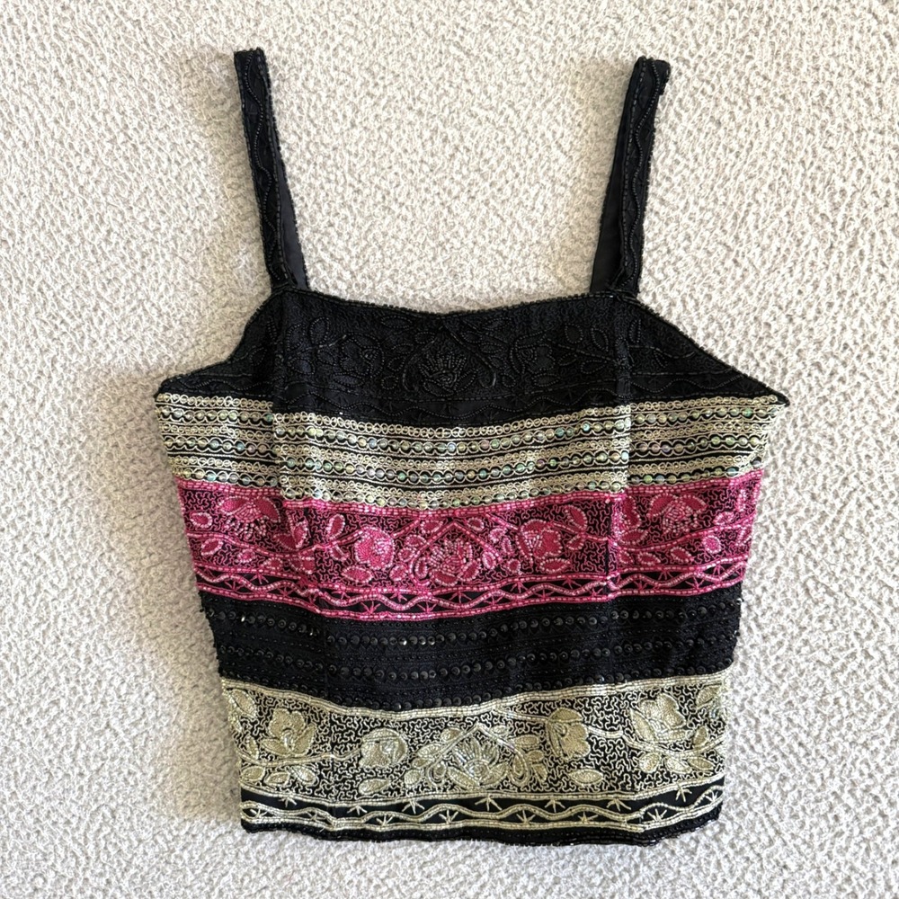 Vintage Silk Beaded Sequin Crop Top Large Pink Gold Black